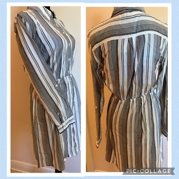 Pink Rose Dresses & Skirts - PINK ROSE black natural long sleeve shirtdress summer neutral pinstripe